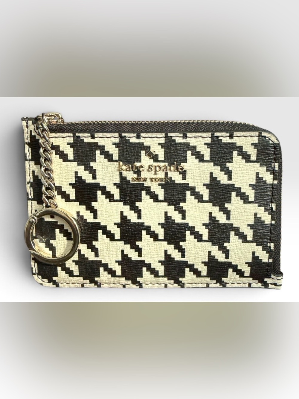 kate spade Black & White Houndstooth Zip Key Card Pouch